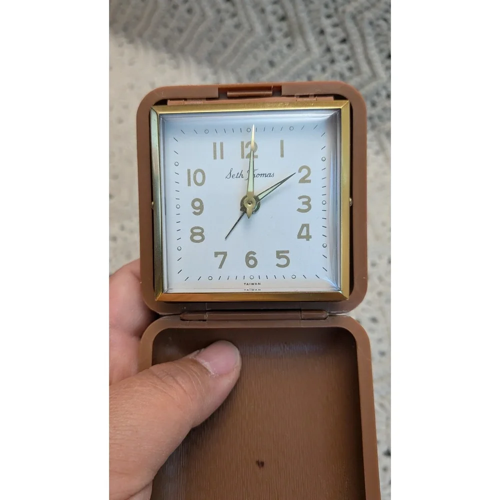 Vintage Seth Thomas Travel Alarm Clock Brown Folding Case Working Wind Up Taiwan